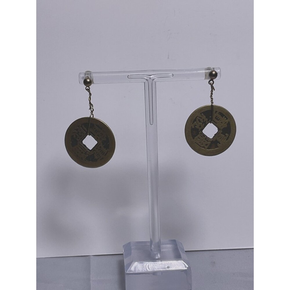 Vintage-Inspired Chinese Coin Dangle Earrings With Brass Finish